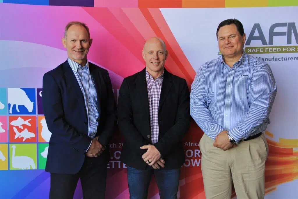 Wouter de Wet, AFMA chairperson (RCL Foods), Thinus van Lill, AFMA vice-chairperson (Quantum Foods), and De Wet Boshoff, AFMA executive director.