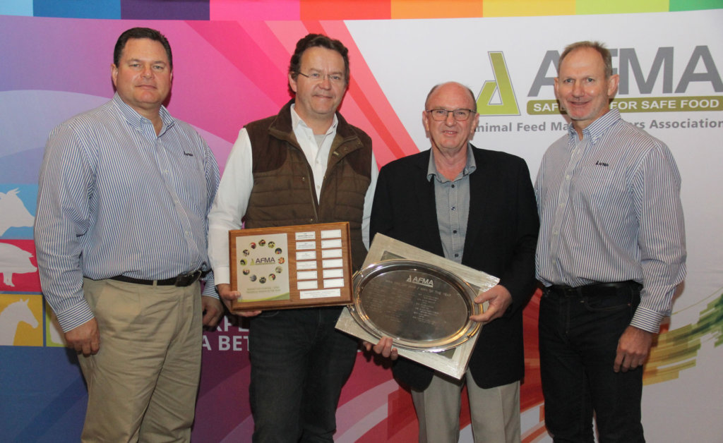 The Barney van Niekerk/AFMA Technical Person of the Year, Dr Peter Plumstead, technical director of Chemuniqué, and the AFMA Person of the Year for 2018/2019, Terry Wiggill, managing director of Chemuniqué, with De Wet Boshoff, executive director of AFMA (left) and Wouter de Wet, chair of the AFMA board of directors (right).